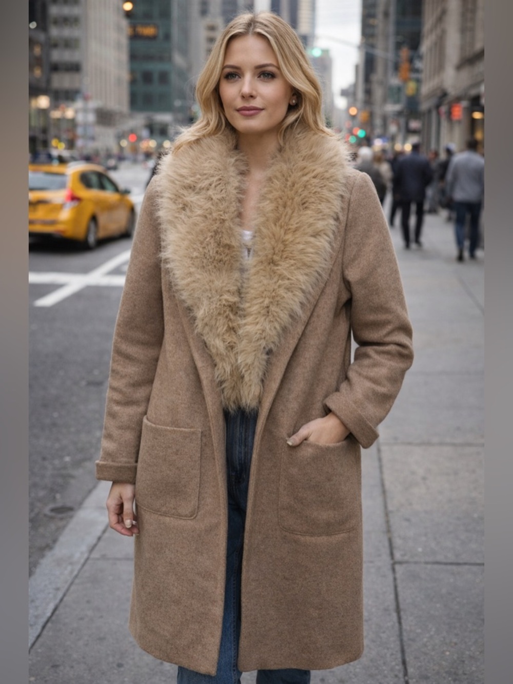 Joie Taupe Long Coat with Faux Fur Shawl Collar